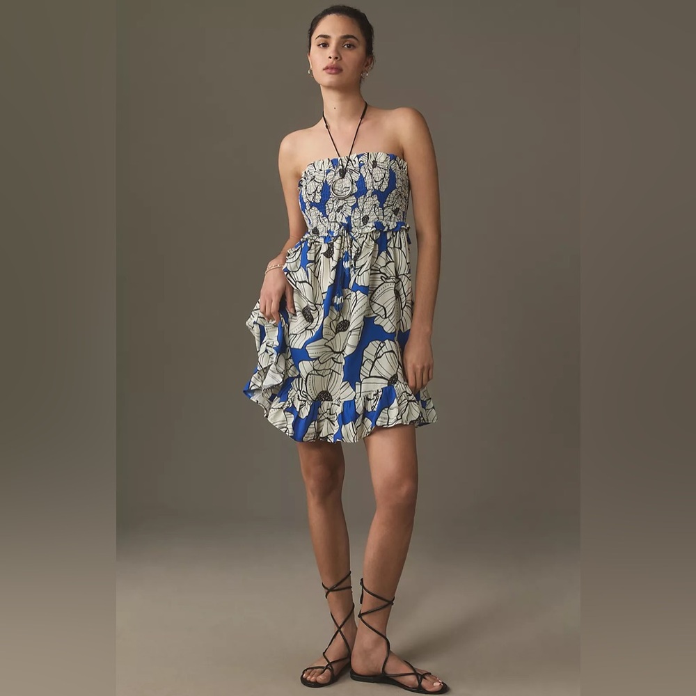 🖤Farm Rio x Anthropologie Strapless Smocked Floral Ruffle Mini Dress | Size L